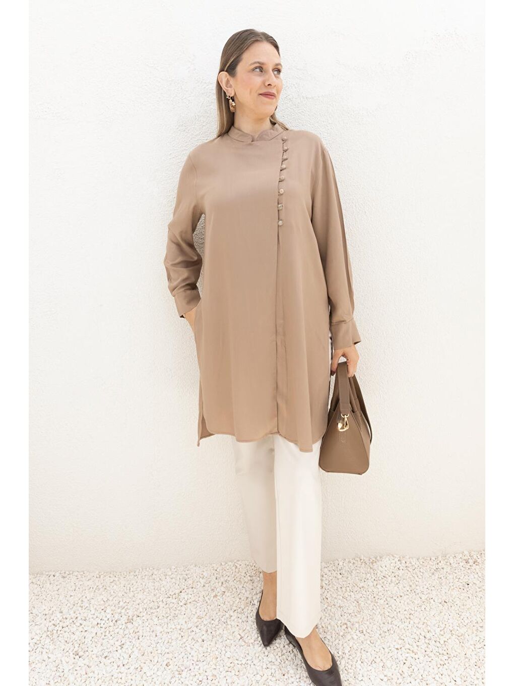 Bej Vizon-Yarım Patlı Yırtmaçlı Keten Tunik-2
