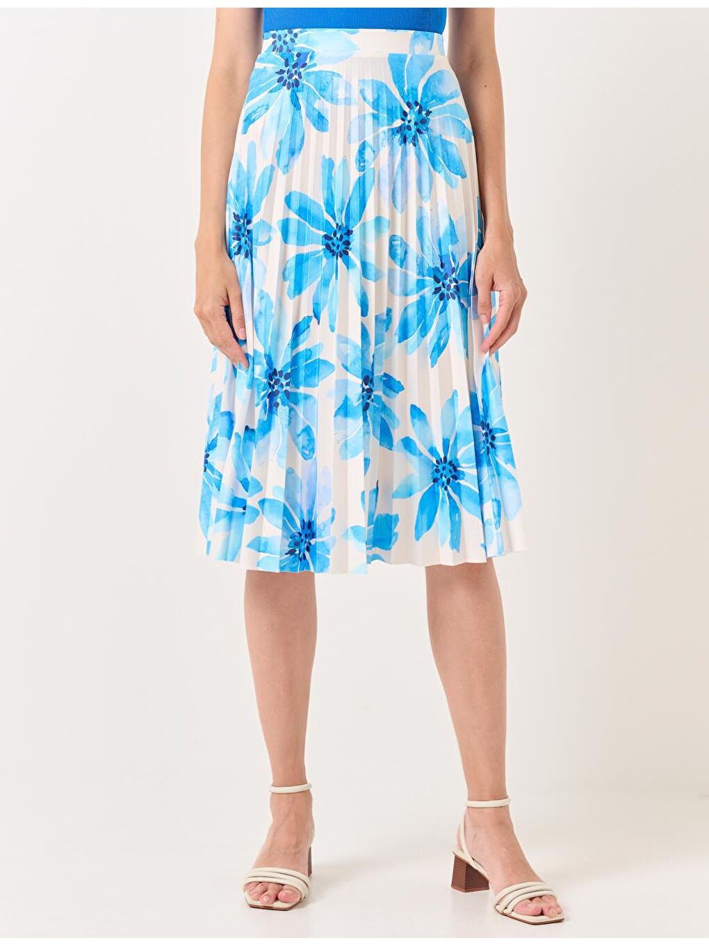 Beyaz Yüksek Bel Çiçekli Piliseli Midi Etek-5