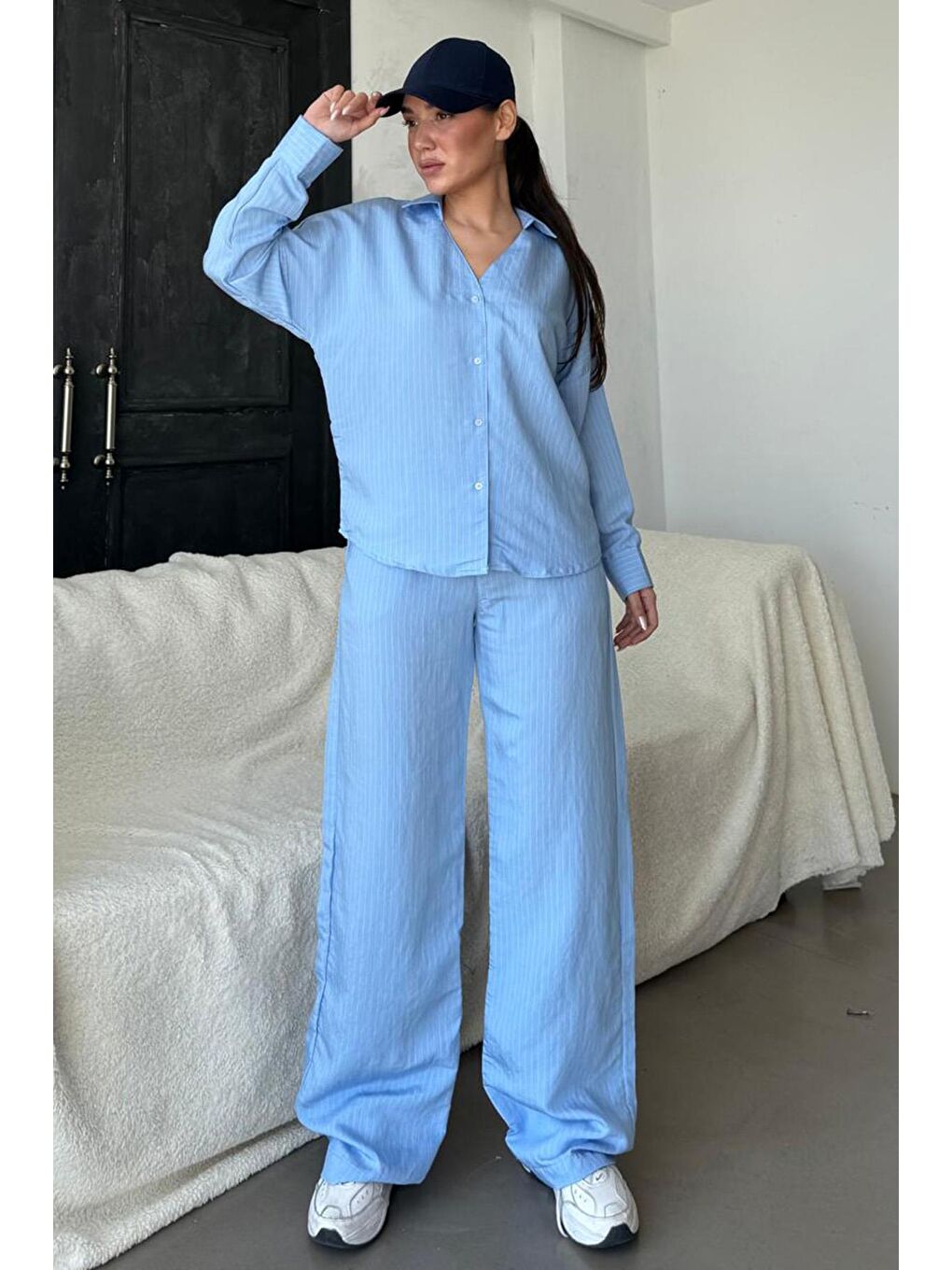 Mavi Uzun Kollu Çizgili Gömlek Pantolon İkili Takım Mg2329