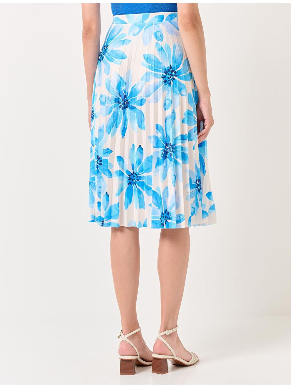 Beyaz Yüksek Bel Çiçekli Piliseli Midi Etek-6