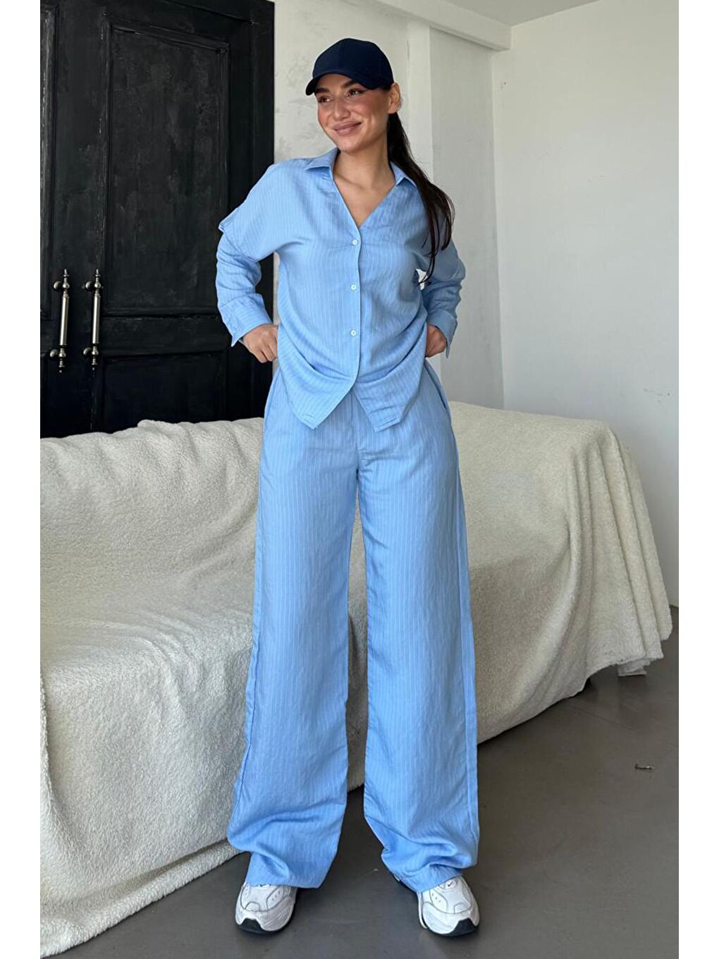 Mavi Uzun Kollu Çizgili Gömlek Pantolon İkili Takım Mg2329-1