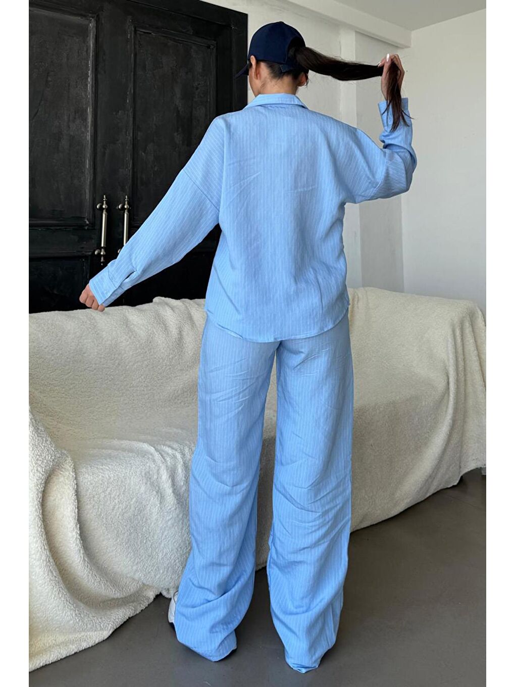 Mavi Uzun Kollu Çizgili Gömlek Pantolon İkili Takım Mg2329-2