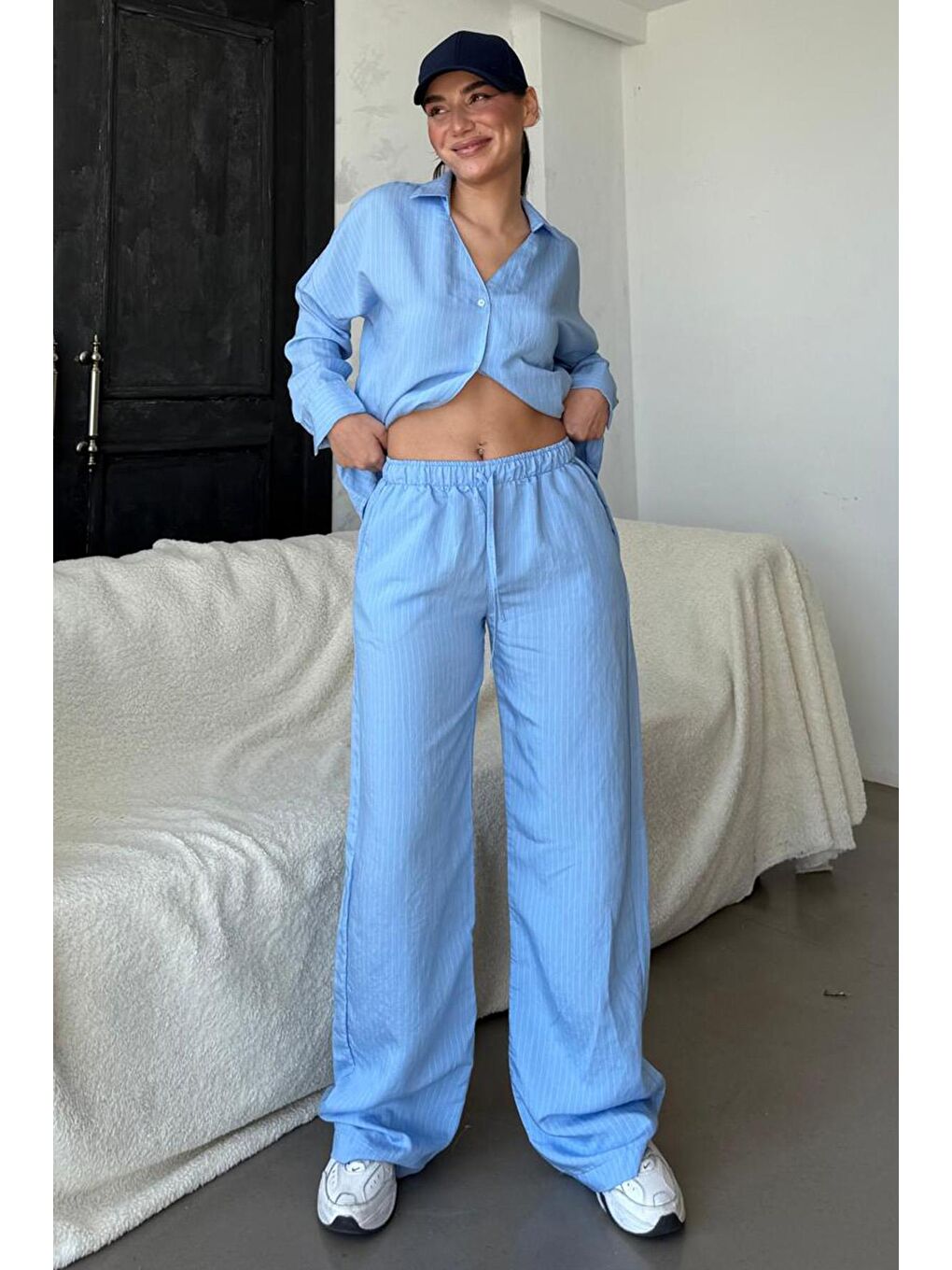 Mavi Uzun Kollu Çizgili Gömlek Pantolon İkili Takım Mg2329-3