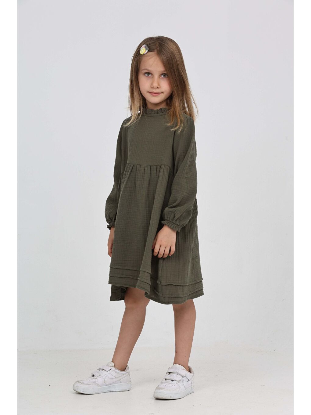 Yeşil Kız Çocuk Yaka Fırfırlı Elbise
