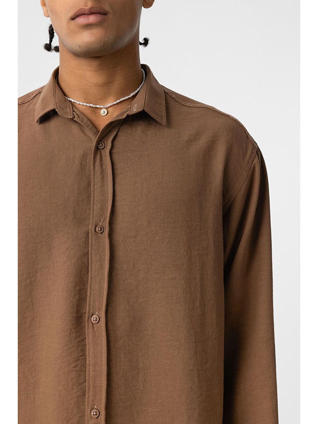 Kahverengi Basic Oversize Uzun Kol Keten Görünümlü Gömlek Kahve-3