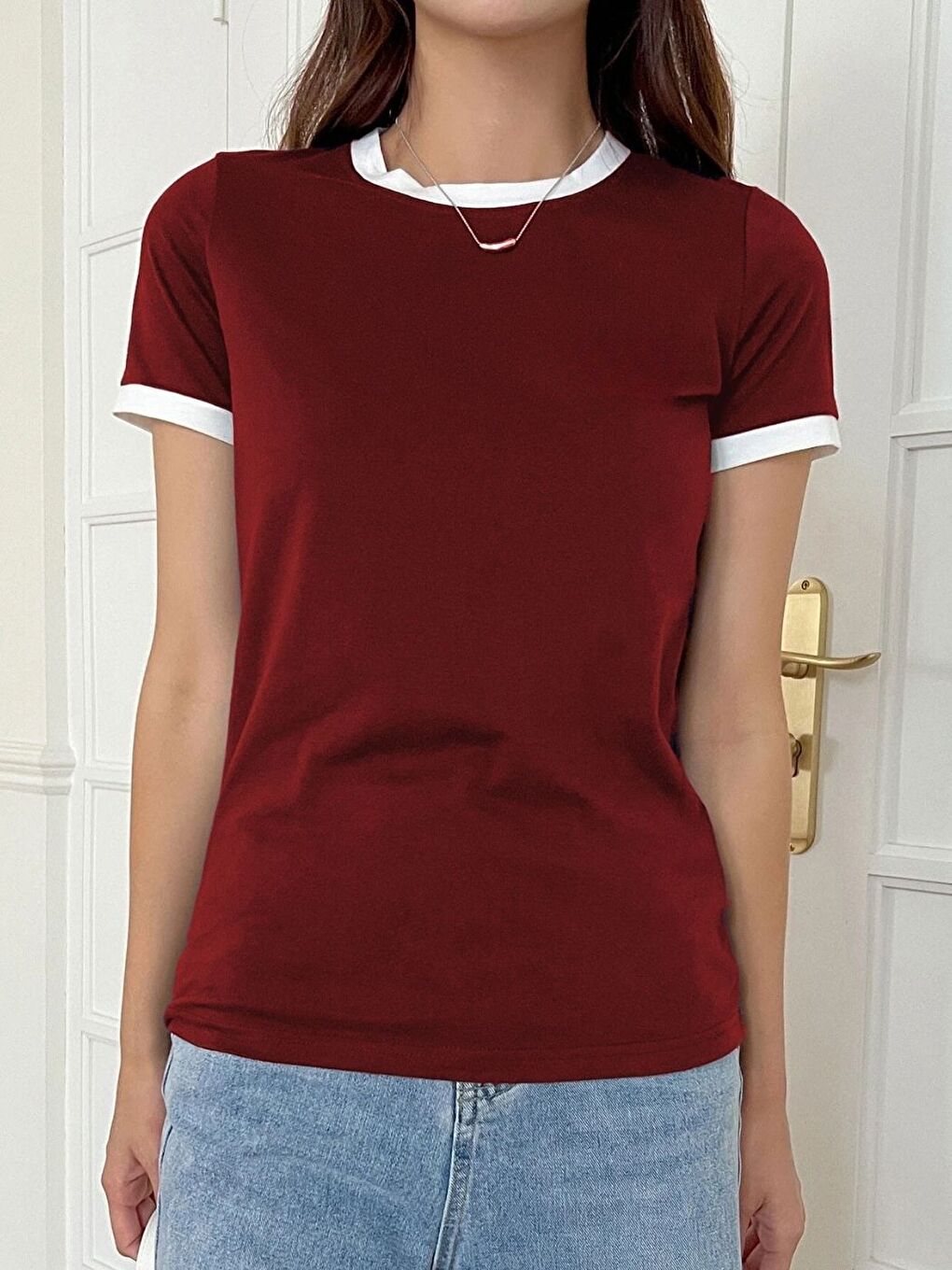 Kadın Bordo Penye İnterlok Tişört