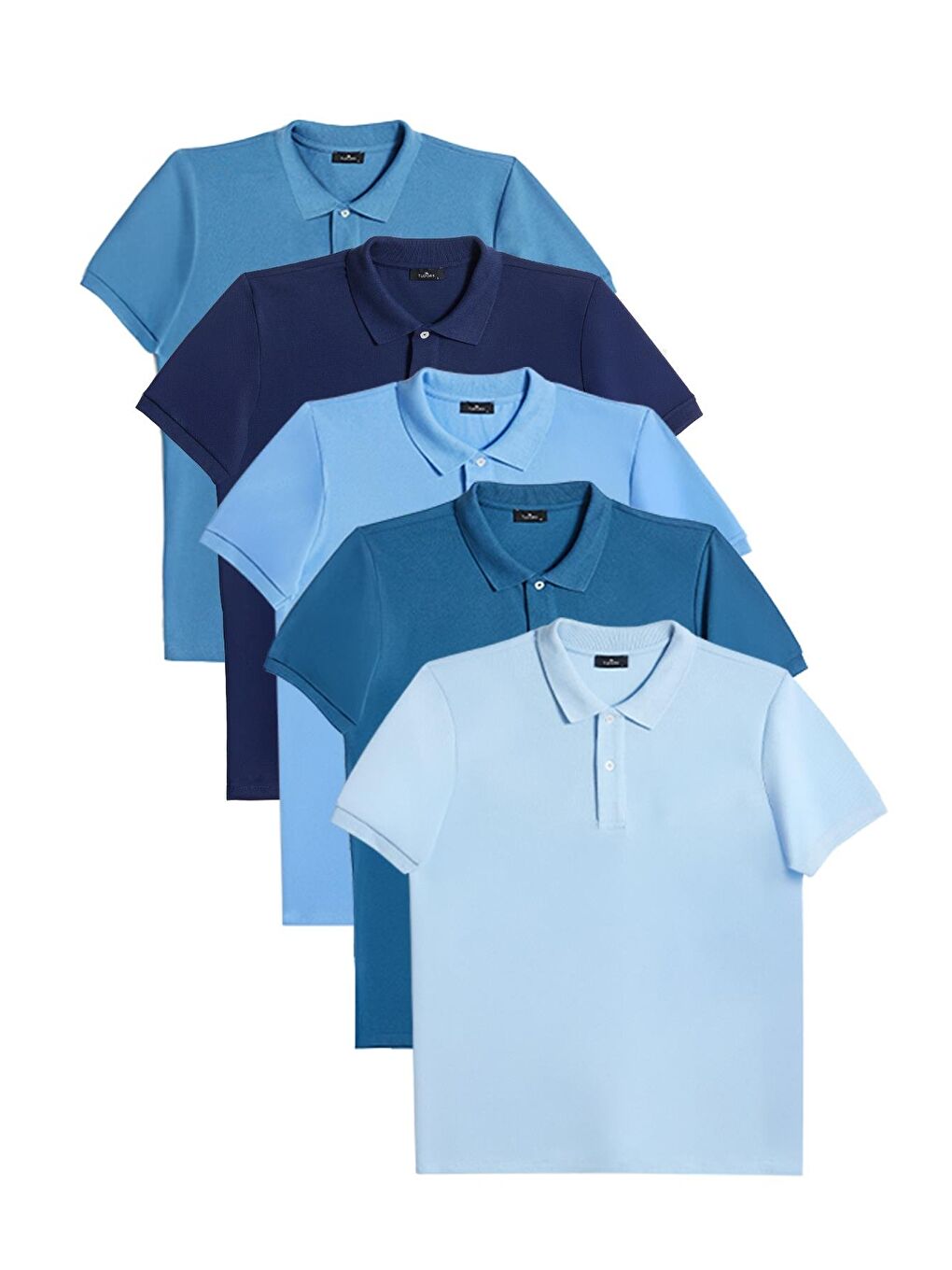 Karışık Erkek 5'li Paket Lacivert-Petrol-K.Petrol-Mavi-K.Mavi Slim Fit Pamuklu Düz Pike Polo Yaka Tişört