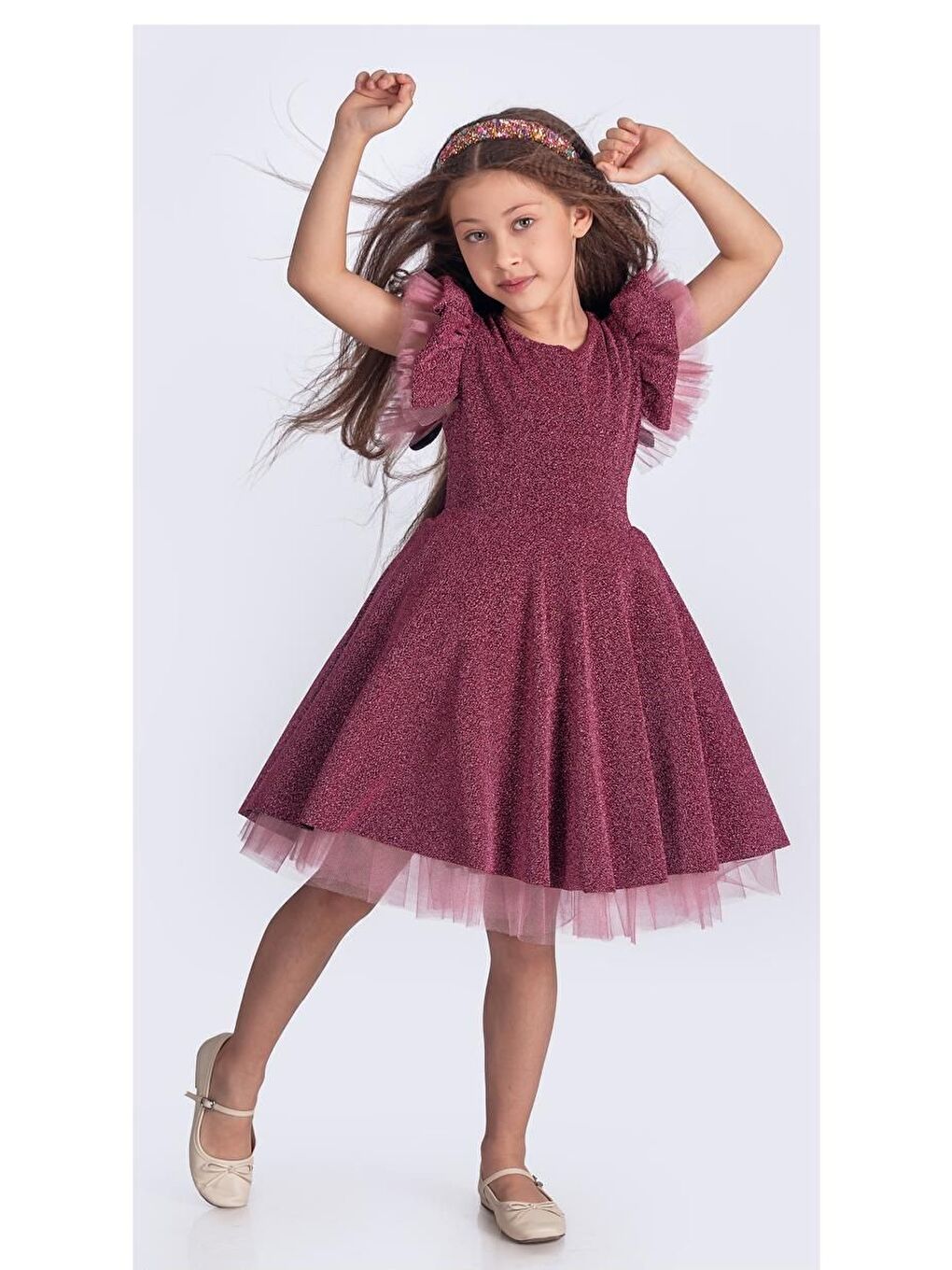 Pembe Simli Şanzelize Kız Çocuk Abiye Elbise M00669-7