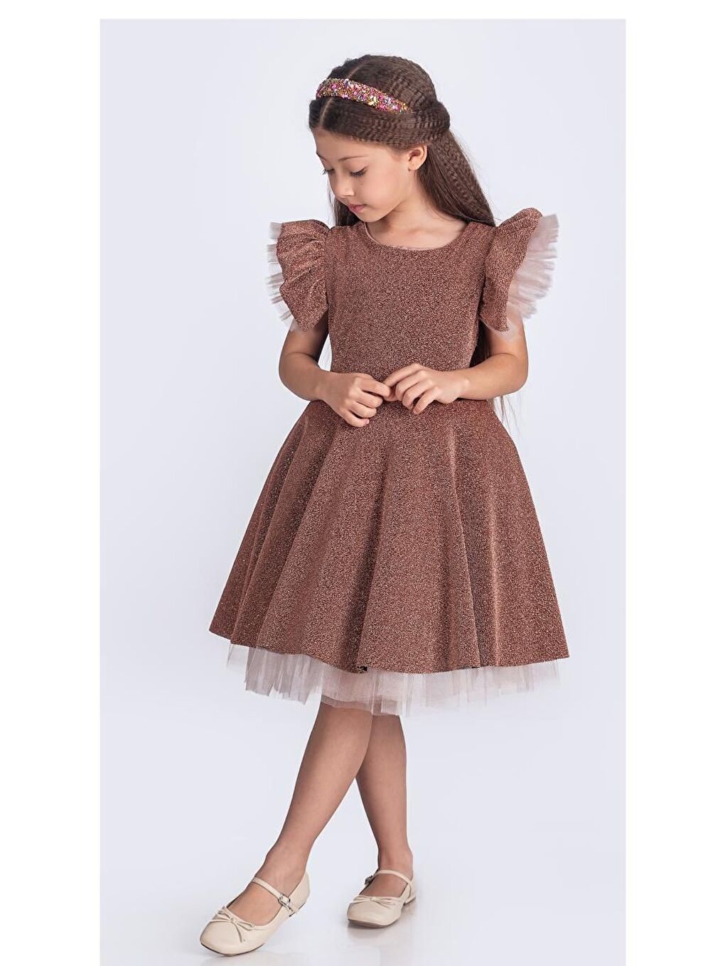 Kahverengi Simli Şanzelize Kız Çocuk Abiye Elbise M00669-7