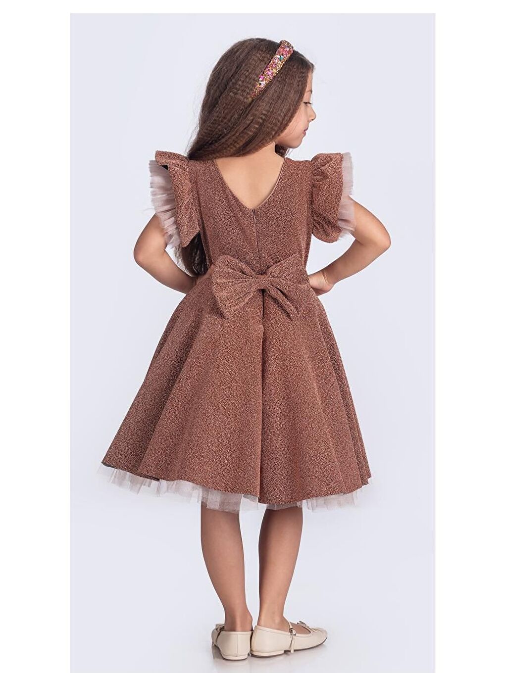 Kahverengi Simli Şanzelize Kız Çocuk Abiye Elbise M00669-8