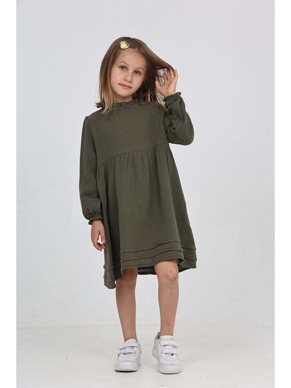 Yeşil Kız Çocuk Yaka Fırfırlı Elbise-1