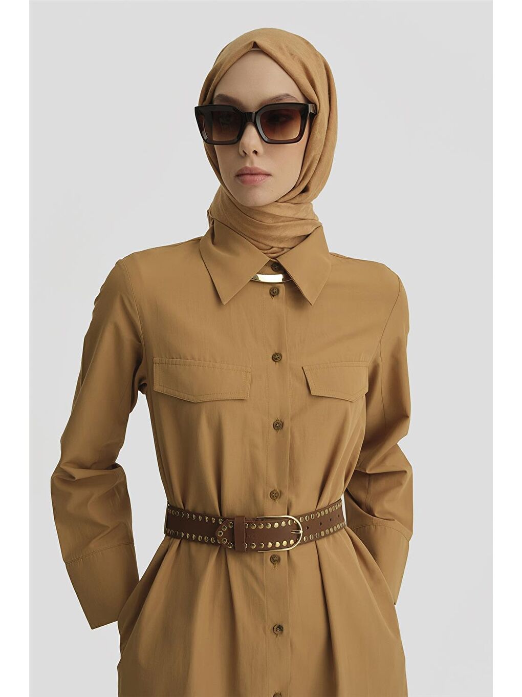 Kahverengi Pens Detaylı Pamuk Elbise 25Y9009 Sahra-2