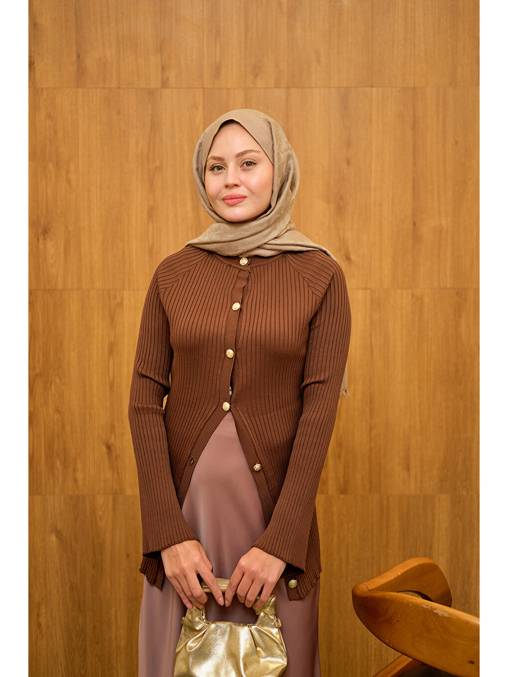 Kadın Kabartma Çizgi Detaylı Hırka Kahverengi