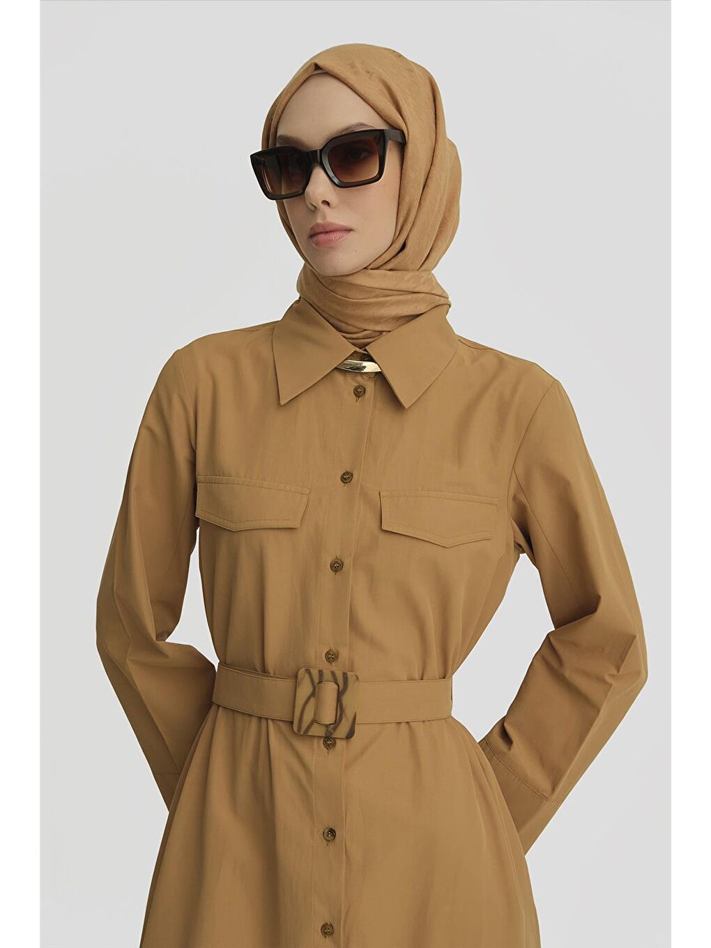 Kahverengi Pens Detaylı Pamuk Elbise 25Y9009 Sahra-3