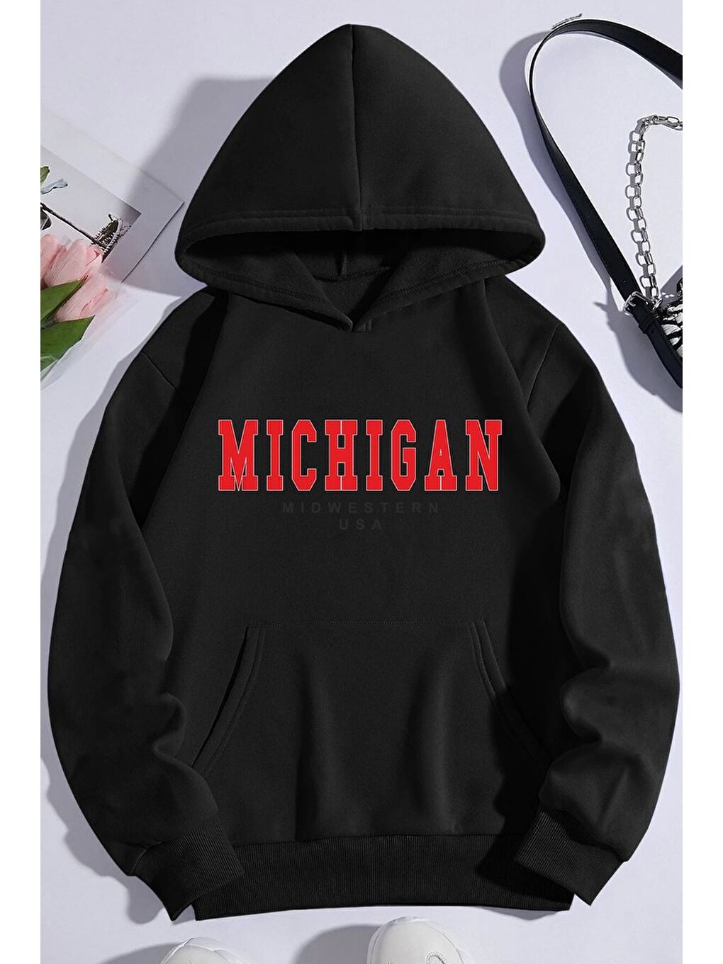 uyguntarz Siyah Unisex Michigan Baskılı Sweatshirt