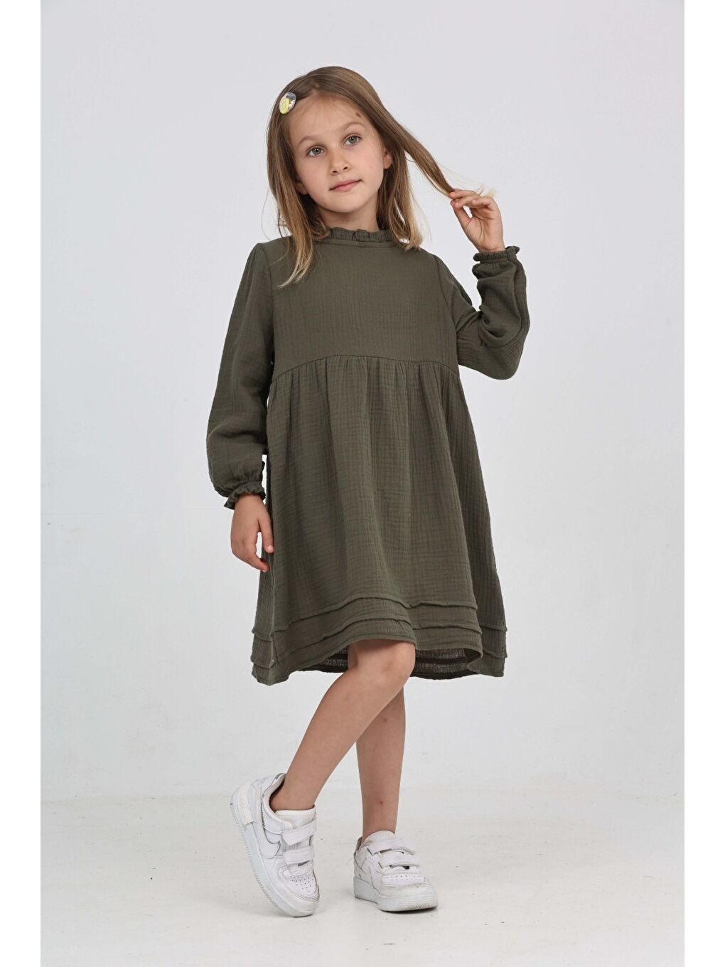 Yeşil Kız Çocuk Yaka Fırfırlı Elbise-2