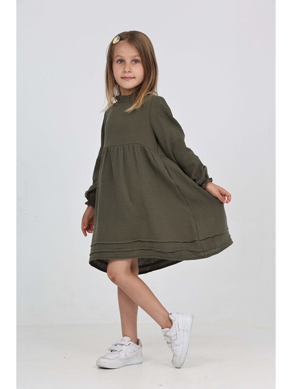 Yeşil Kız Çocuk Yaka Fırfırlı Elbise-3