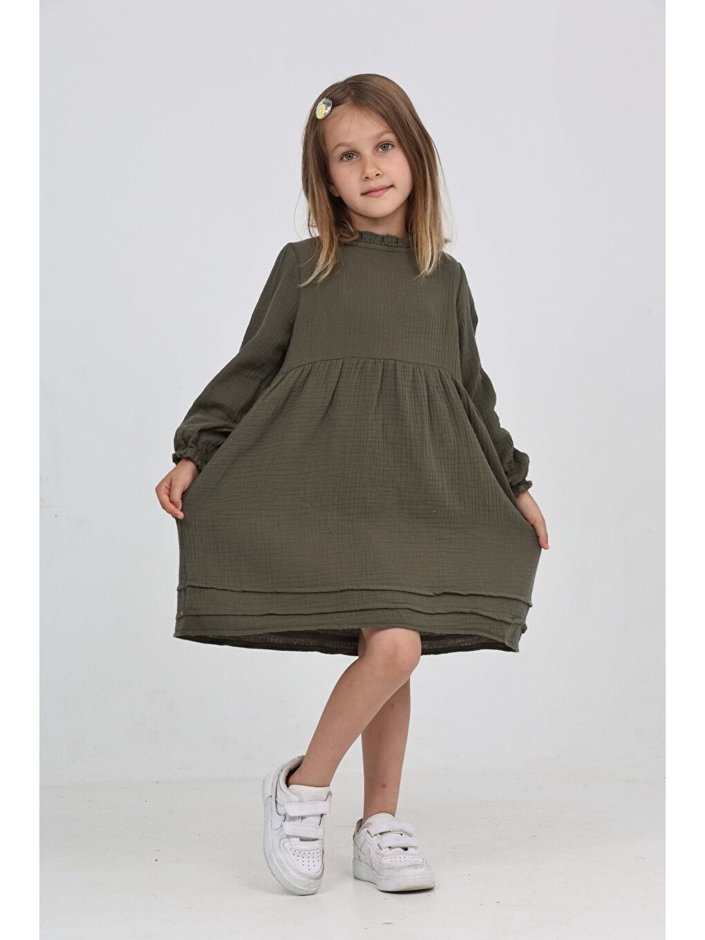 Yeşil Kız Çocuk Yaka Fırfırlı Elbise-4
