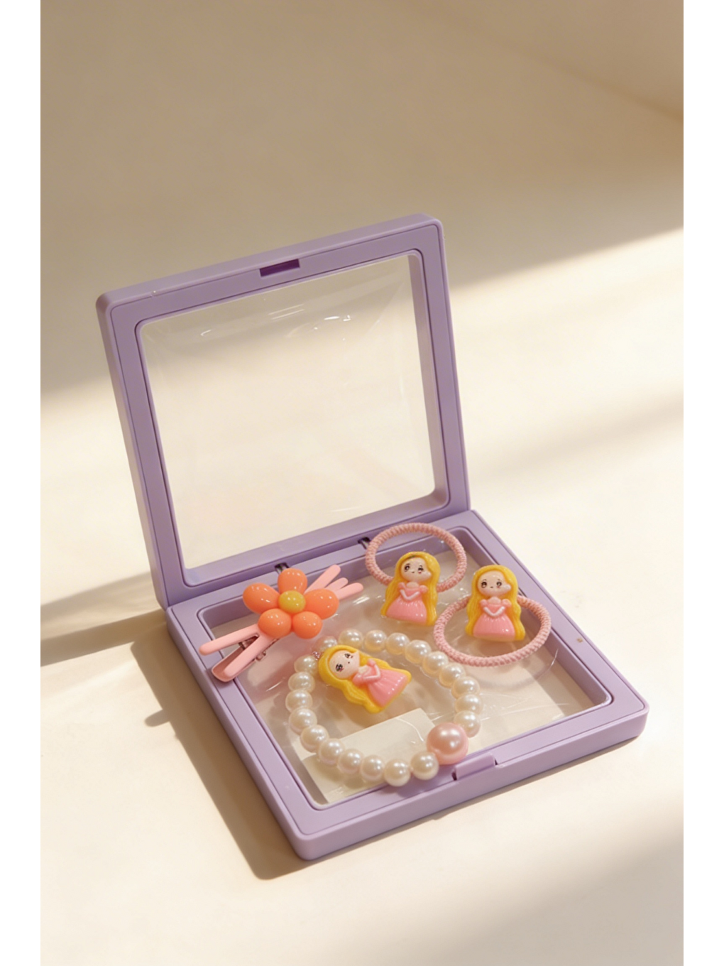 Mor Kız Çocuk 4'Lü Plastik Kutulu Toka Bileklik Seti Lila-1