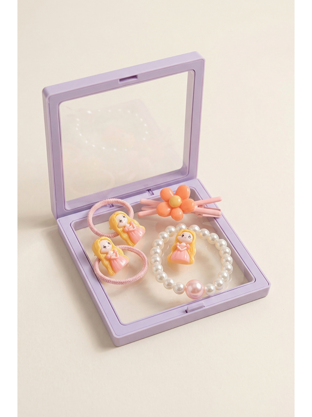Mor Kız Çocuk 4'Lü Plastik Kutulu Toka Bileklik Seti Lila-2