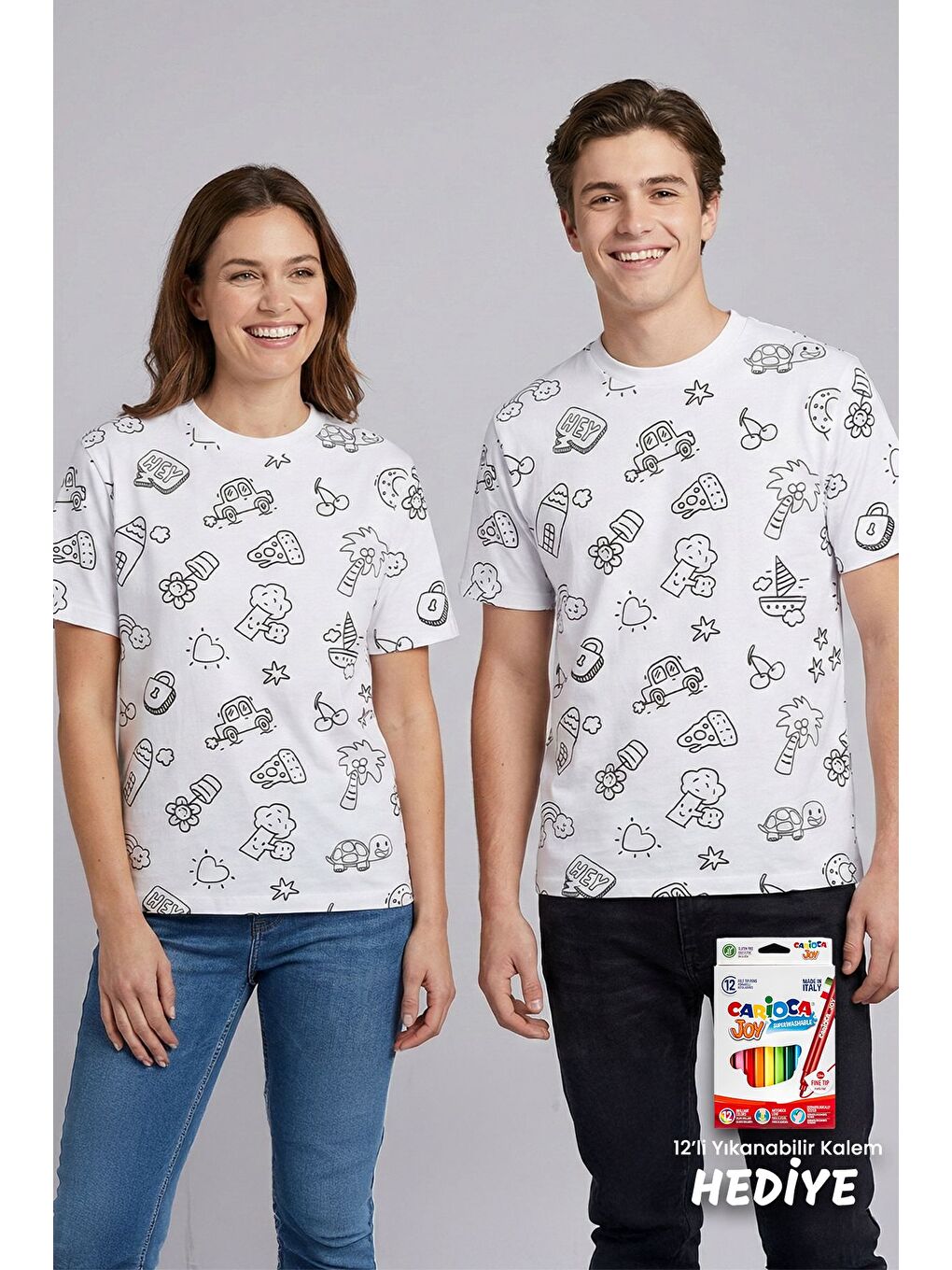 Beyaz En Sevimli Figürleri Özel Kalemi ile BOYANABİLİR Yetişkin T-Shirt (Yıkama Sonrası Leke Bırakmaz)-2