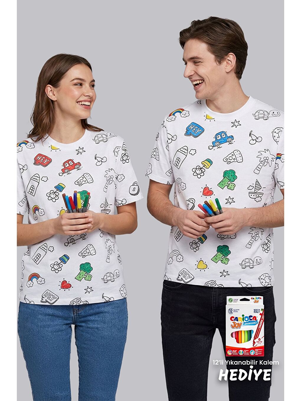 Beyaz En Sevimli Figürleri Özel Kalemi ile BOYANABİLİR Yetişkin T-Shirt (Yıkama Sonrası Leke Bırakmaz)-3