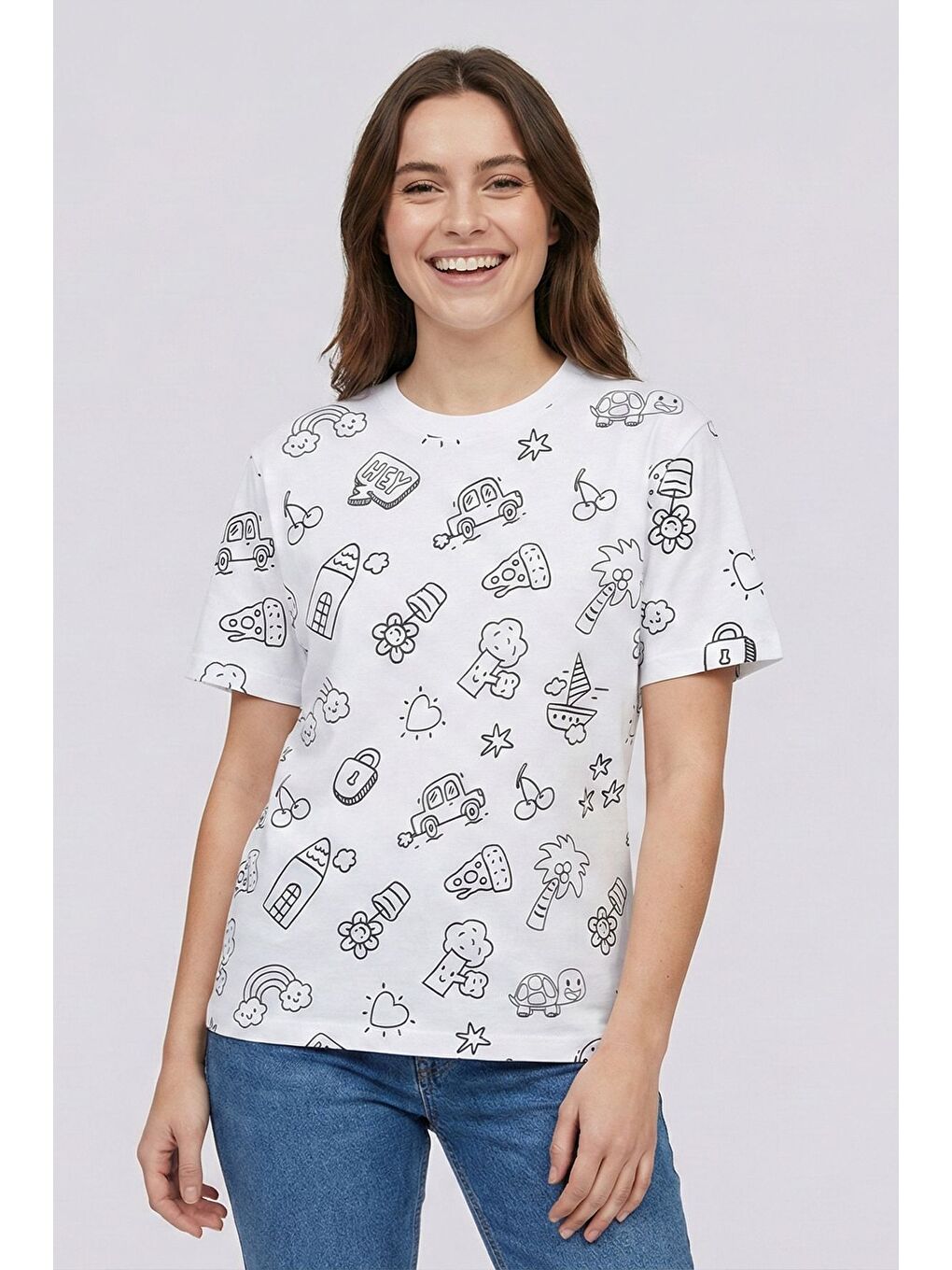 Beyaz En Sevimli Figürleri Özel Kalemi ile BOYANABİLİR Yetişkin T-Shirt (Yıkama Sonrası Leke Bırakmaz)-4