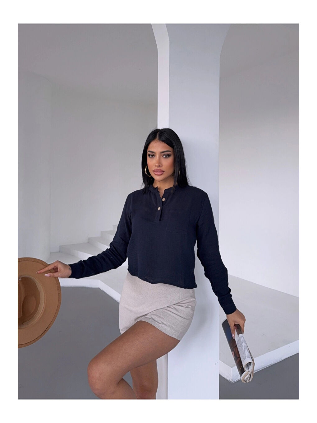 Kadın Lacivert Hakim Yaka Müslin Gömlek Bluz HZL25S-DSB1515