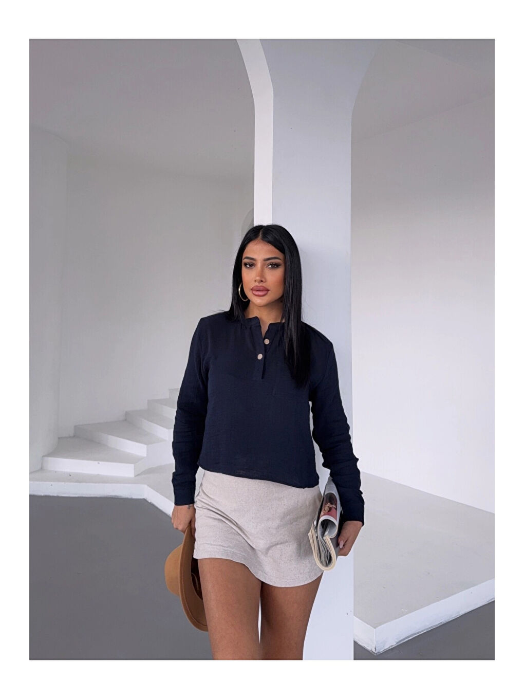 Kadın Lacivert Hakim Yaka Müslin Gömlek Bluz HZL25S-DSB1515-1