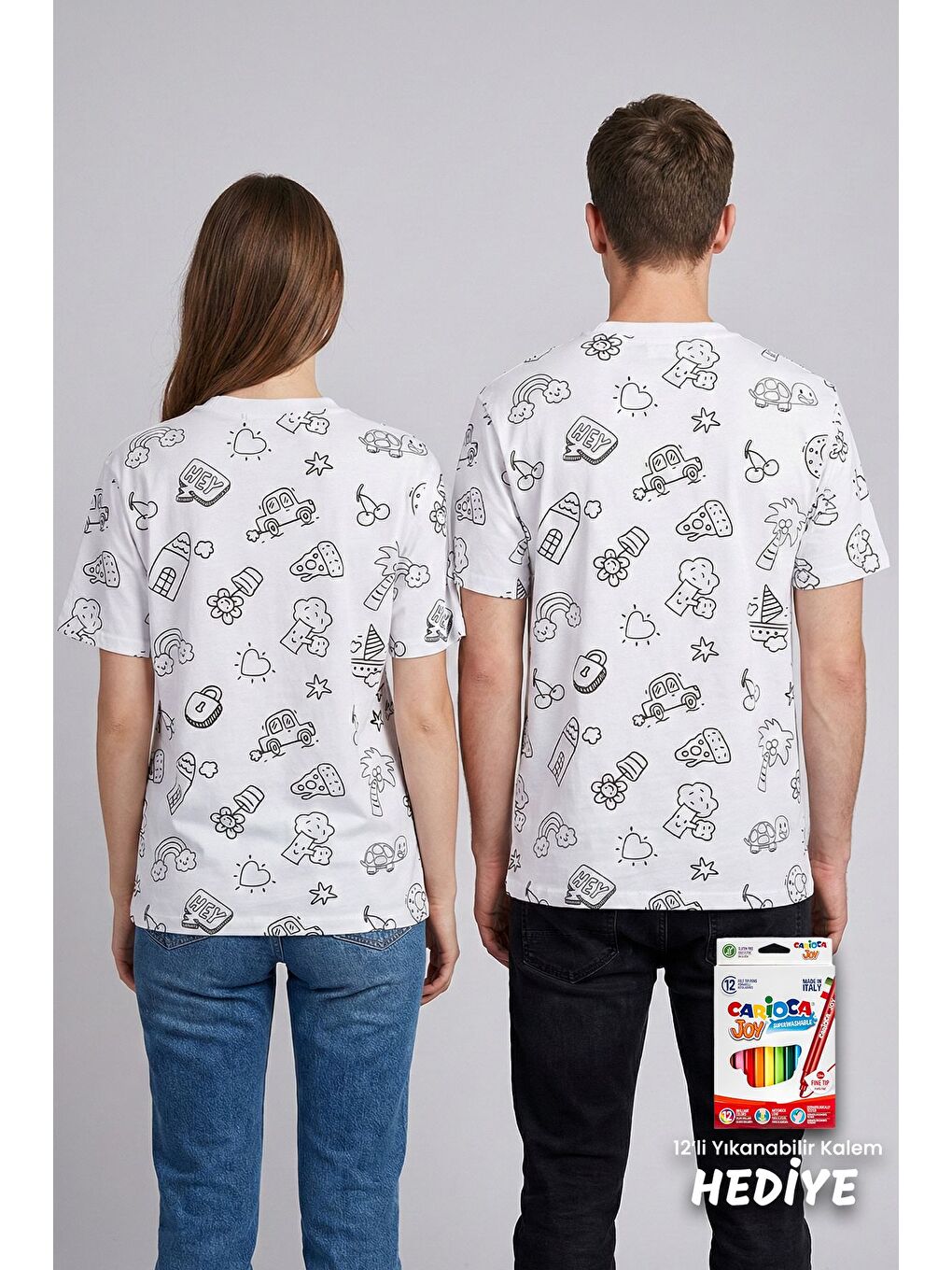 Beyaz En Sevimli Figürleri Özel Kalemi ile BOYANABİLİR Yetişkin T-Shirt (Yıkama Sonrası Leke Bırakmaz)-6