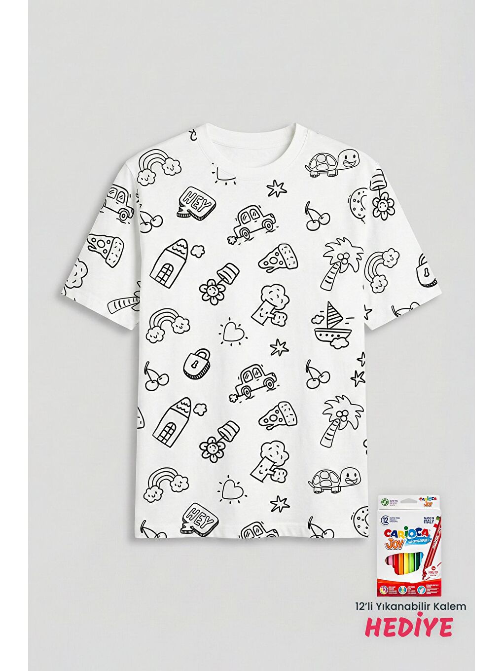 Beyaz En Sevimli Figürleri Özel Kalemi ile BOYANABİLİR Yetişkin T-Shirt (Yıkama Sonrası Leke Bırakmaz)-7