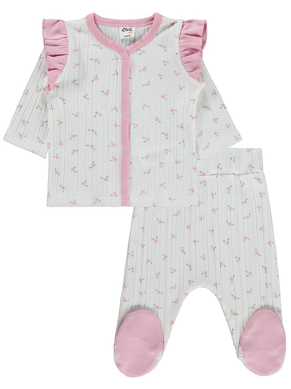 Baby Çiçek Empirme Fırfırlı 1-9 Ay Pijama Takımı - Ekru