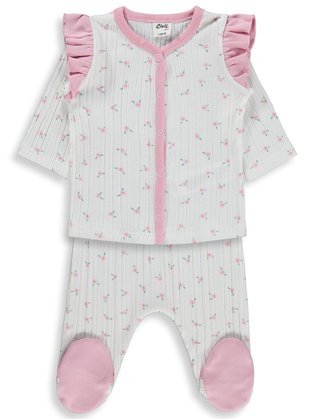 Baby Çiçek Empirme Fırfırlı 1-9 Ay Pijama Takımı - Ekru-3