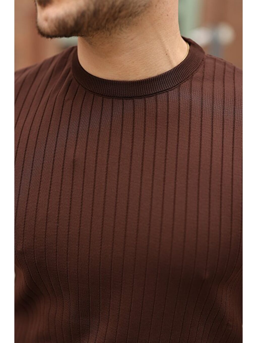 Kahverengi Erkek Fitilli Bisiklet Yaka Triko Tişört-2