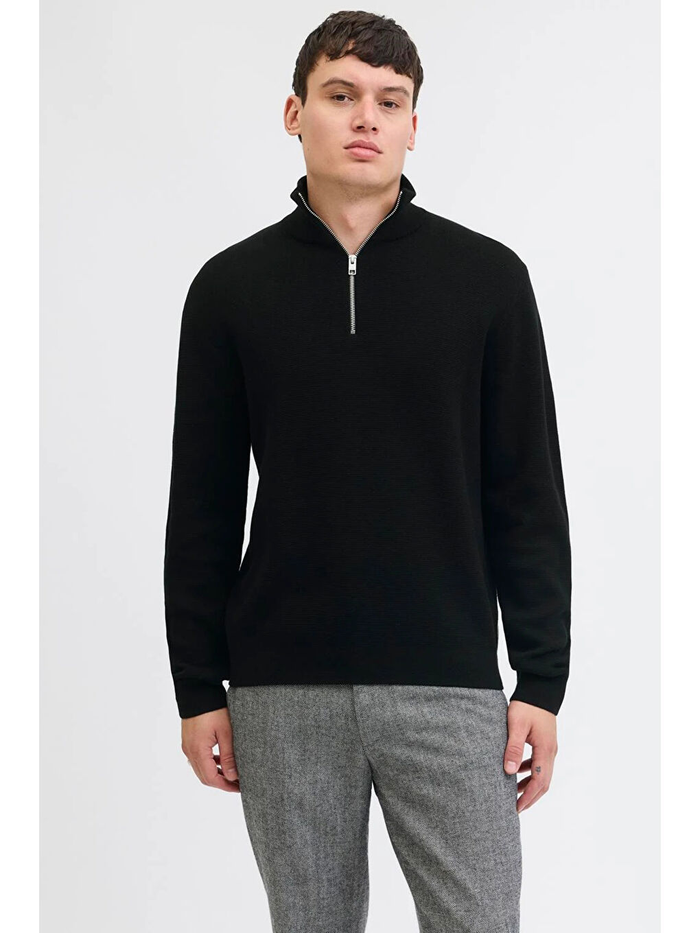 Siyah Premium Jprccmılano% 100 Pamuk Relaxed Fit Dik Yaka Erkek Kazak 12259664-2