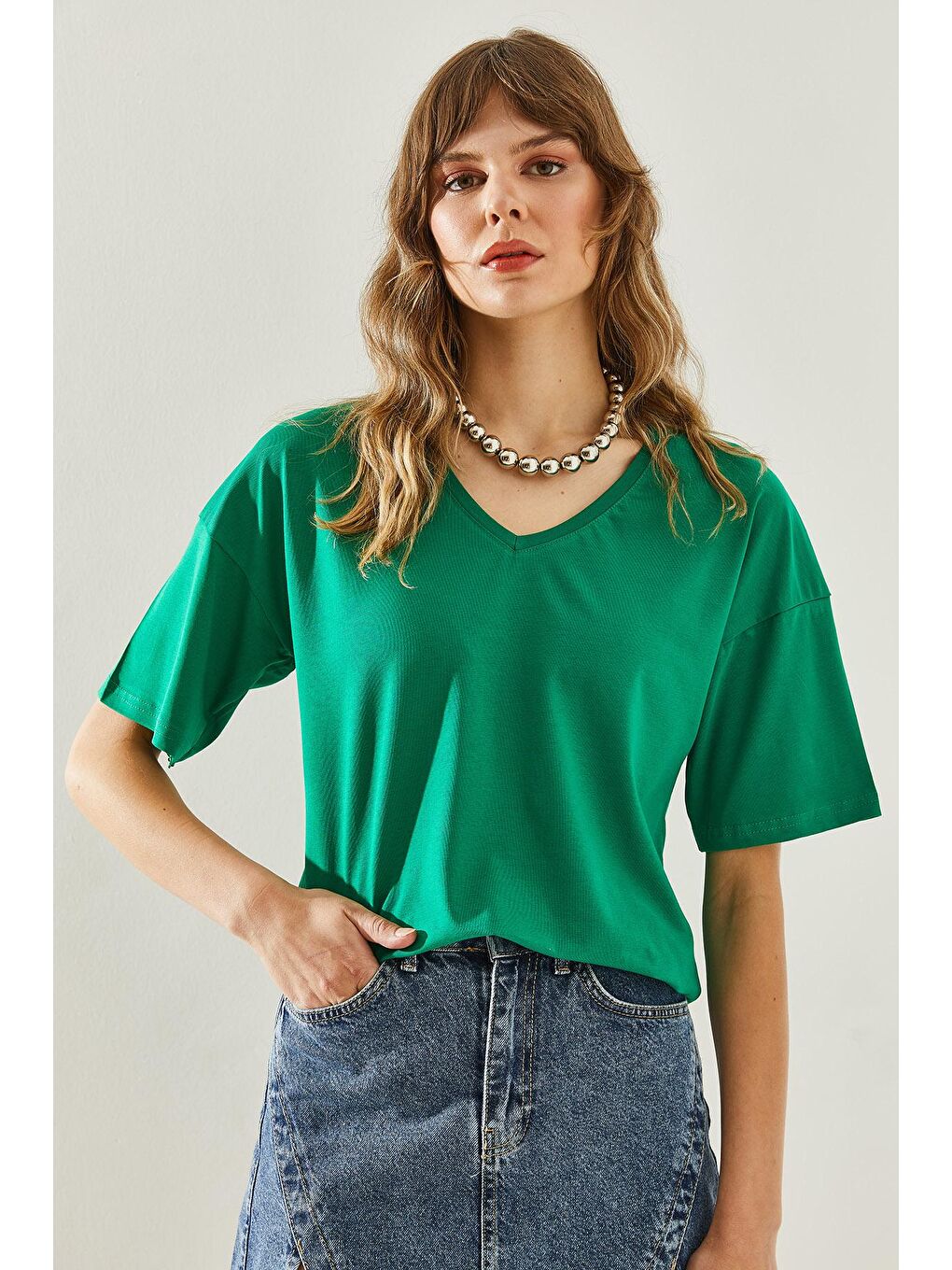 SHADE Zümrüt Yeşili Kadın V Yaka Kısa Kollu Basic T-Shirt - 4