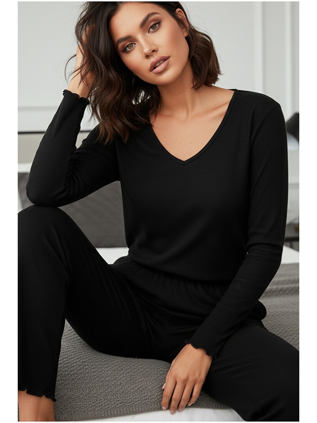 Siyah Fırçalı Soft Fitilli Kaşkorse Dantelli Pijama Takım 7966