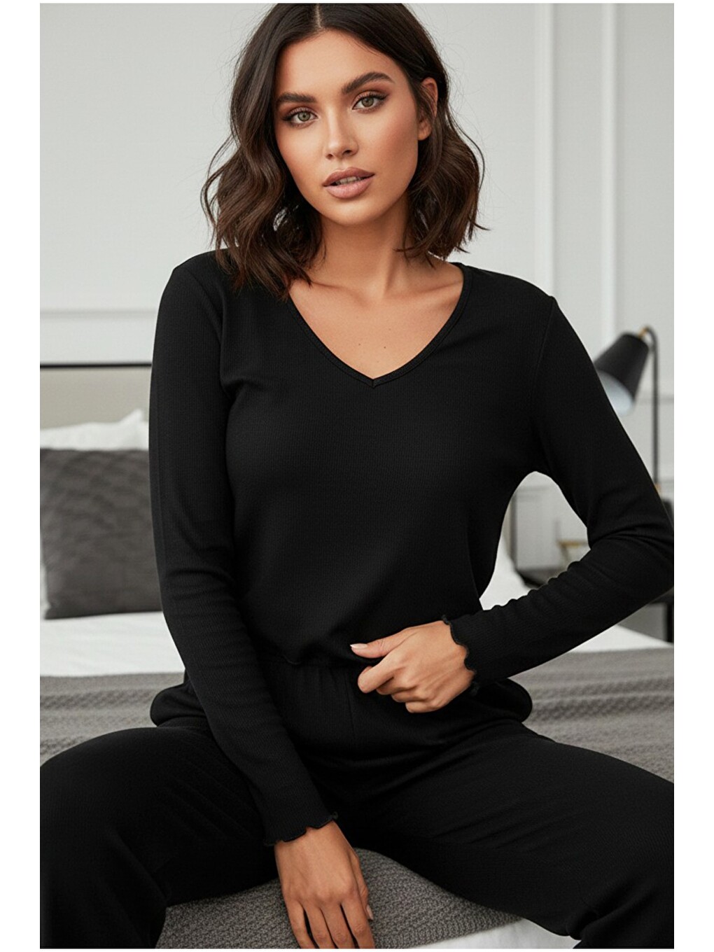 Siyah Fırçalı Soft Fitilli Kaşkorse Dantelli Pijama Takım 7966-1