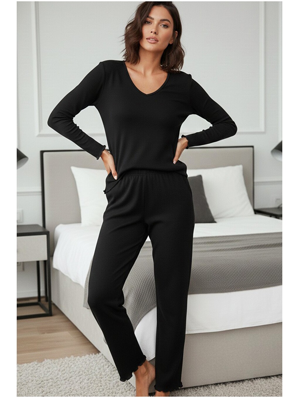 Siyah Fırçalı Soft Fitilli Kaşkorse Dantelli Pijama Takım 7966-2