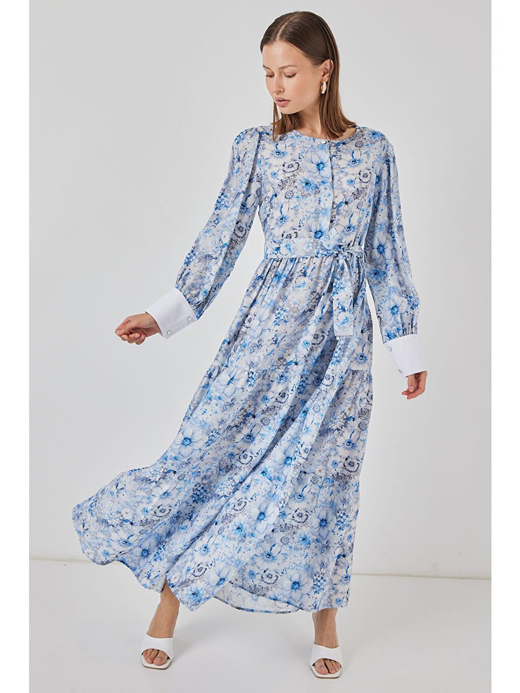 Kadın Kuşaklı Uzun Elbise 2584 - Mavi