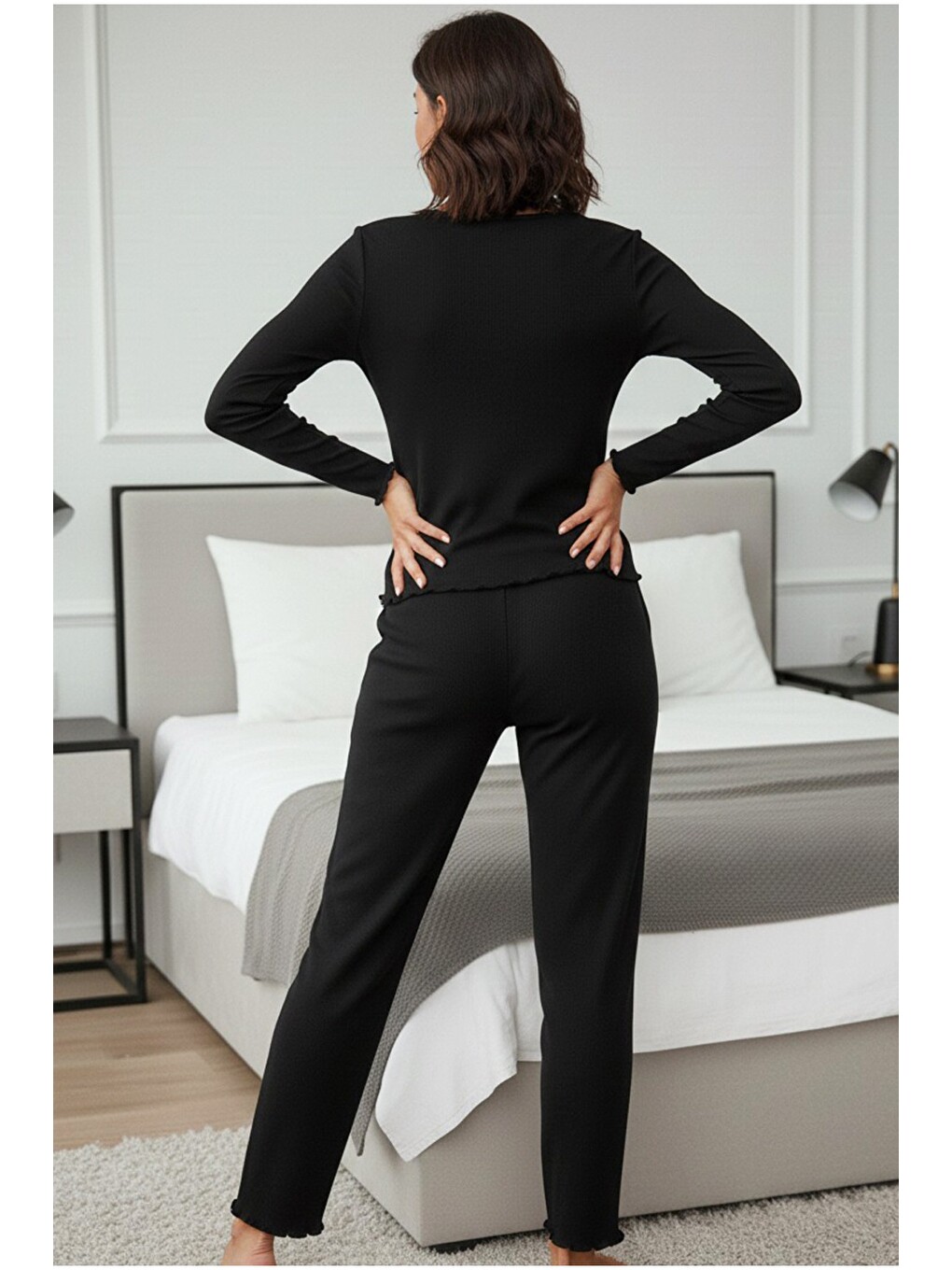 Siyah Fırçalı Soft Fitilli Kaşkorse Dantelli Pijama Takım 7966-3