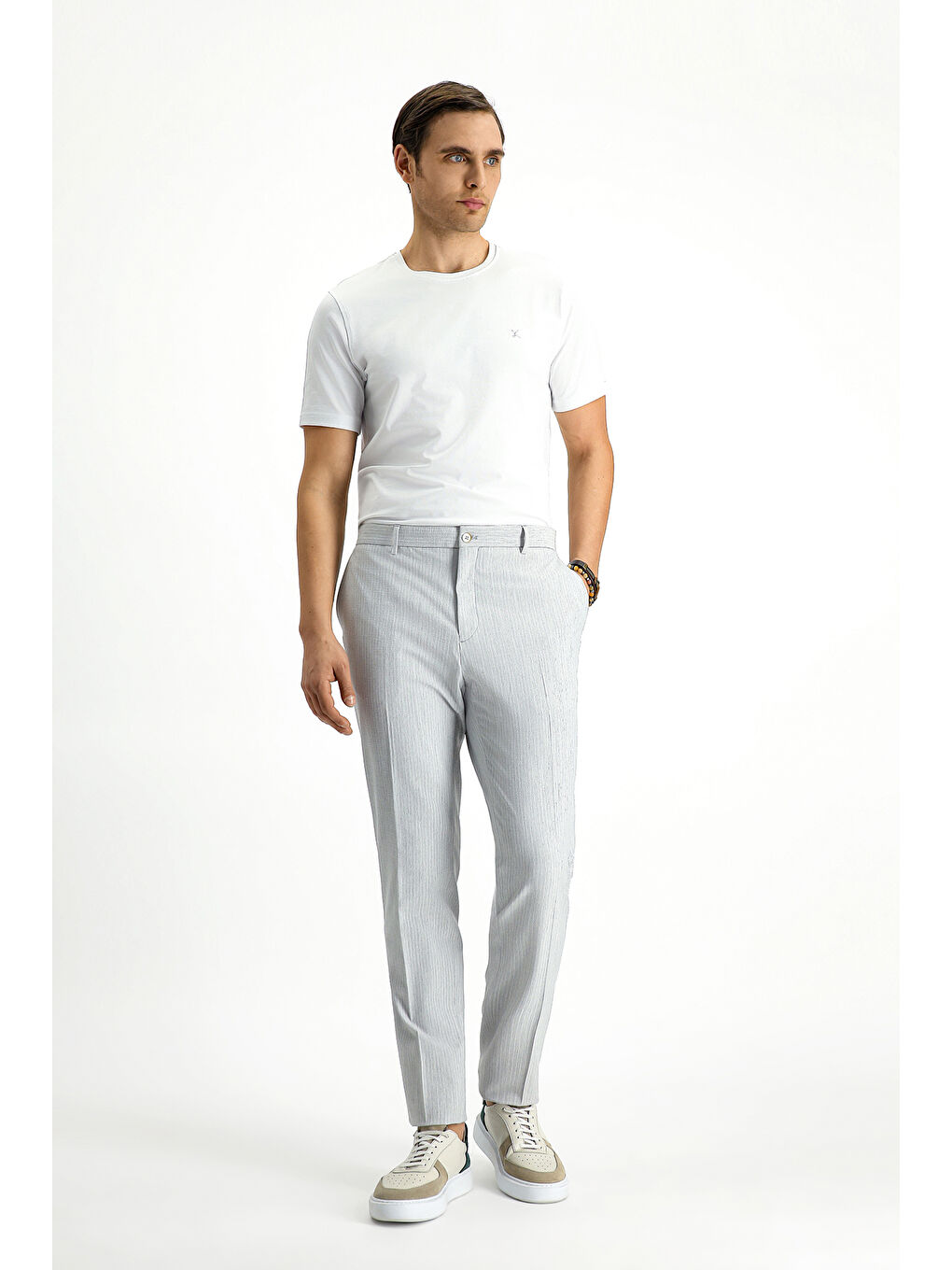Gri Super Slim Fit Ekstra Dar Kesim Elastanlı Çizgili Klasik Kumaş Pantolon