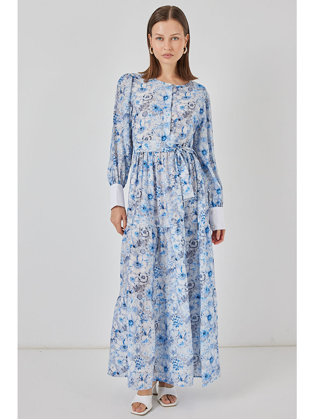 Kadın Kuşaklı Uzun Elbise 2584 - Mavi-1