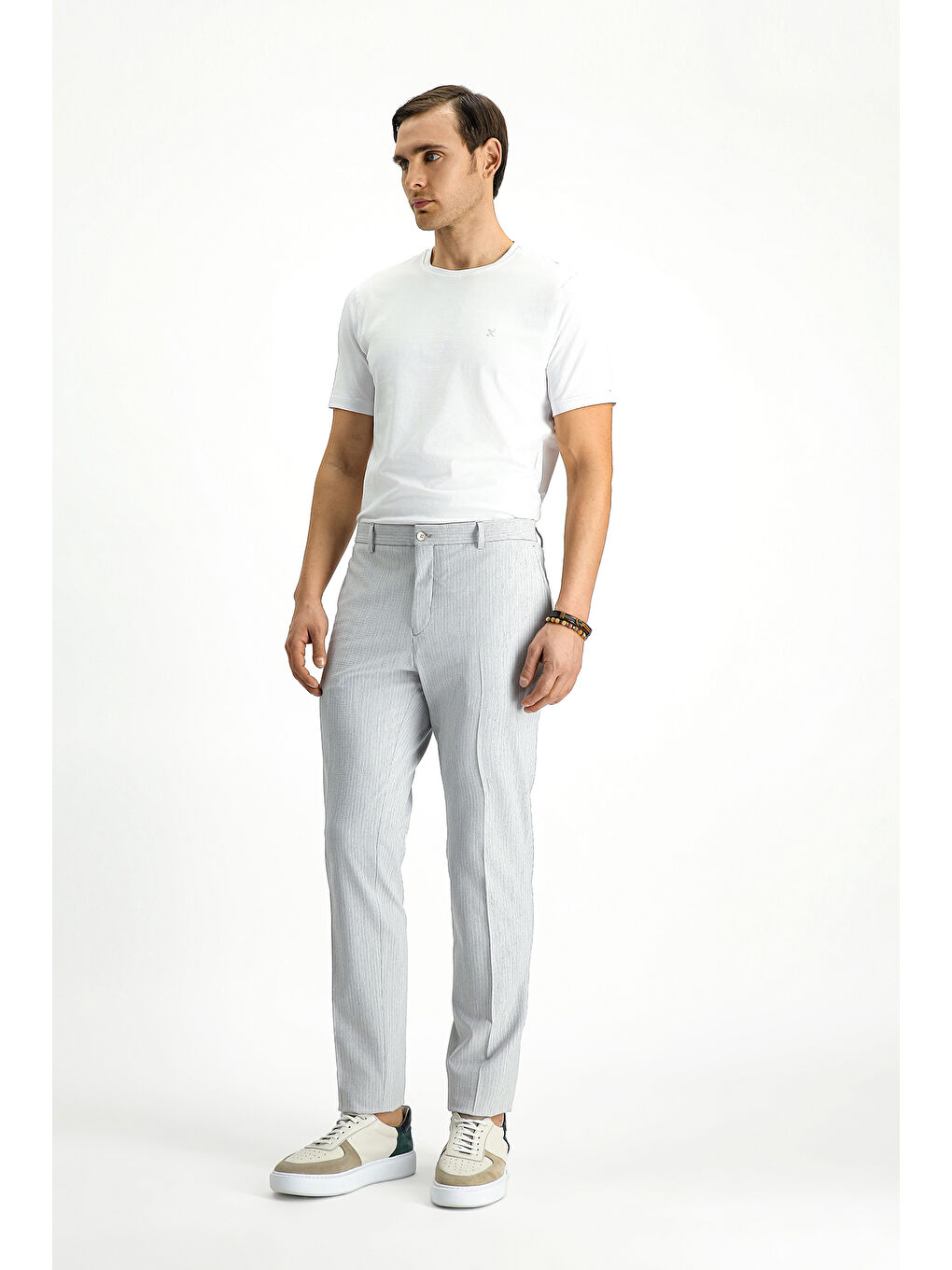 Gri Super Slim Fit Ekstra Dar Kesim Elastanlı Çizgili Klasik Kumaş Pantolon-1
