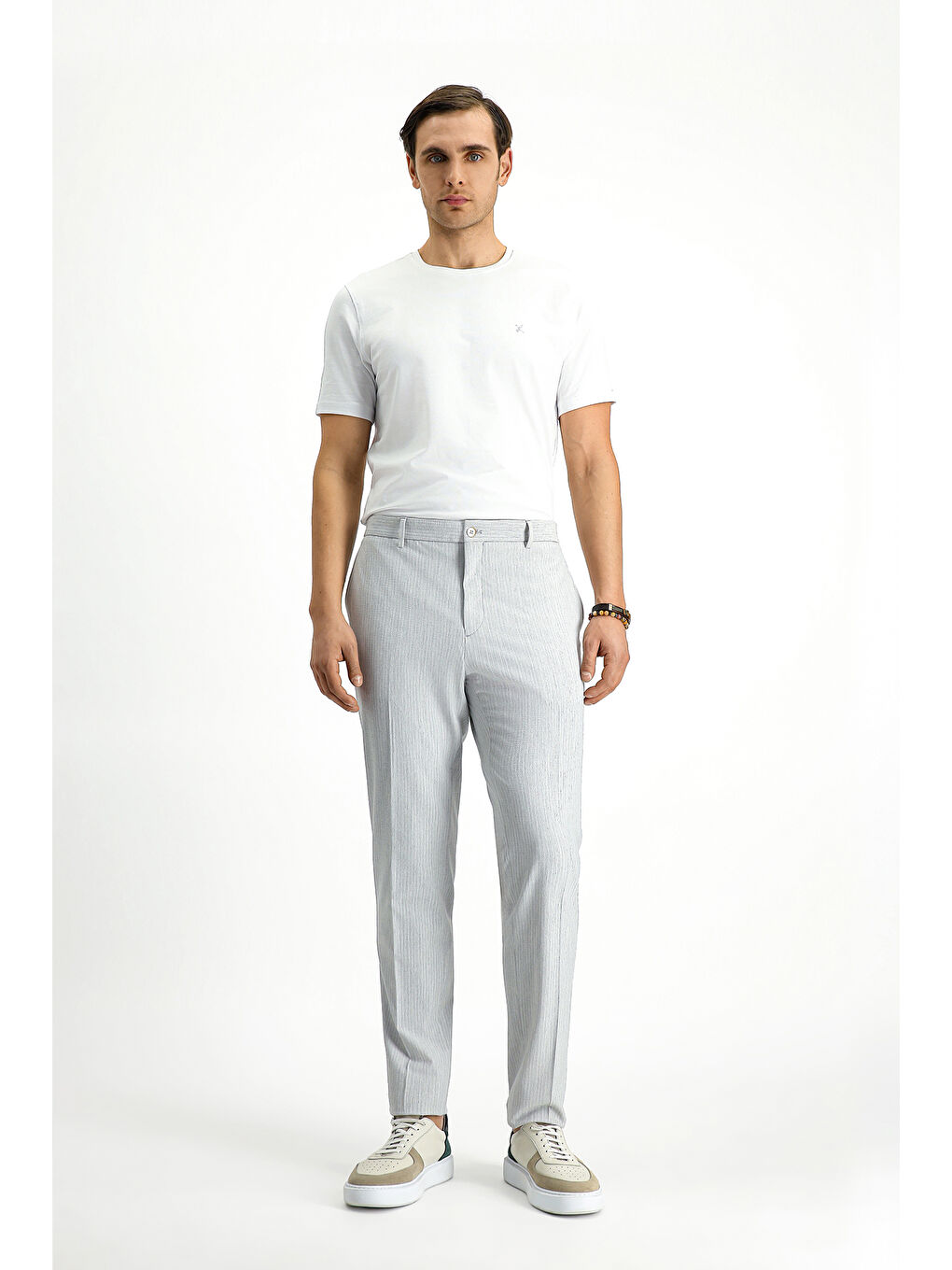 Gri Super Slim Fit Ekstra Dar Kesim Elastanlı Çizgili Klasik Kumaş Pantolon-2