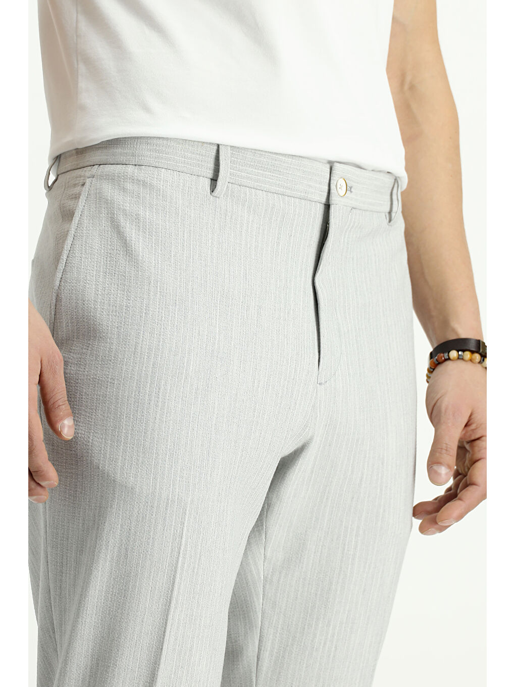 Gri Super Slim Fit Ekstra Dar Kesim Elastanlı Çizgili Klasik Kumaş Pantolon-4