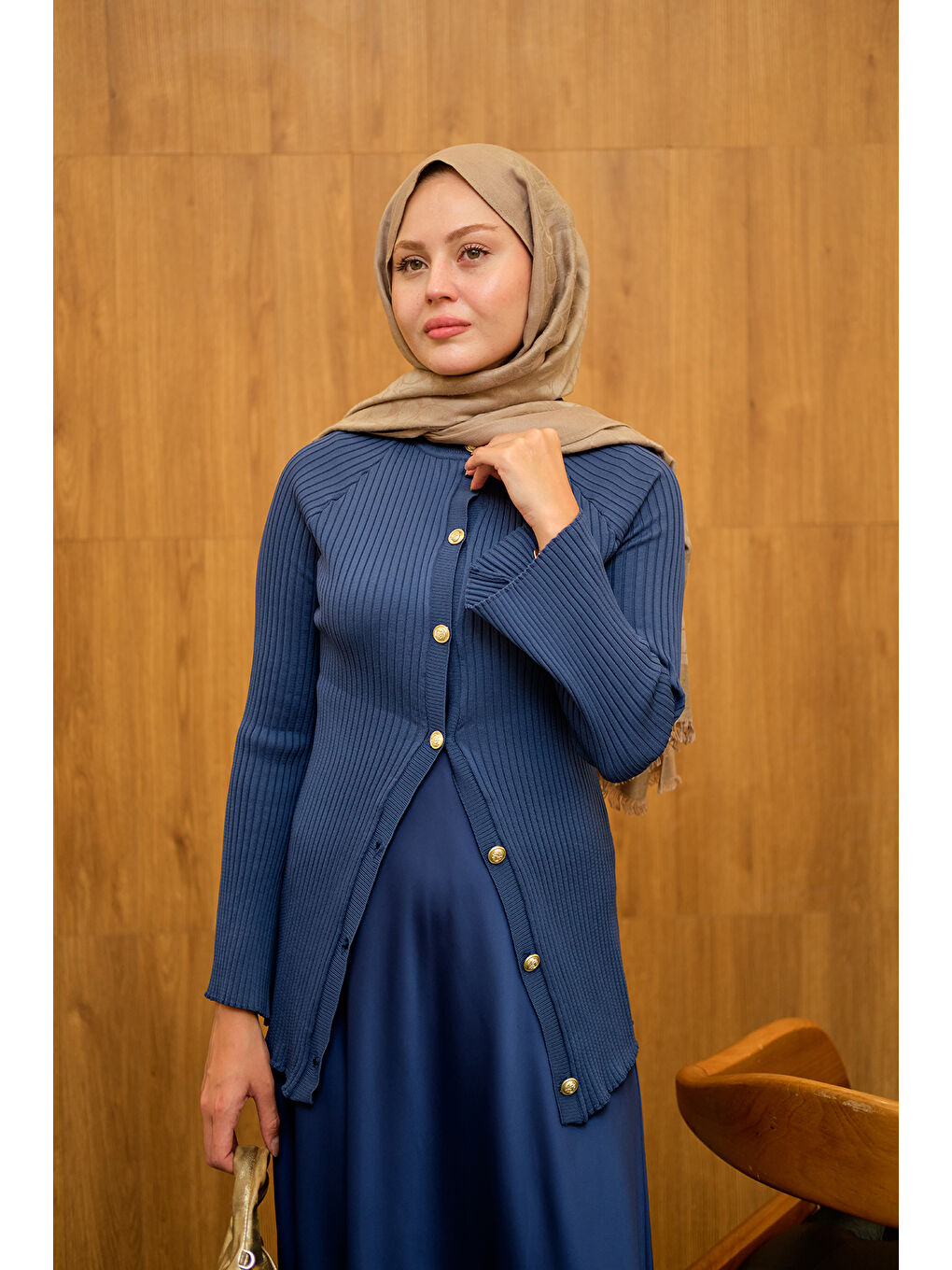 Kadın Kabartma Çizgi Detaylı Hırka Lacivert