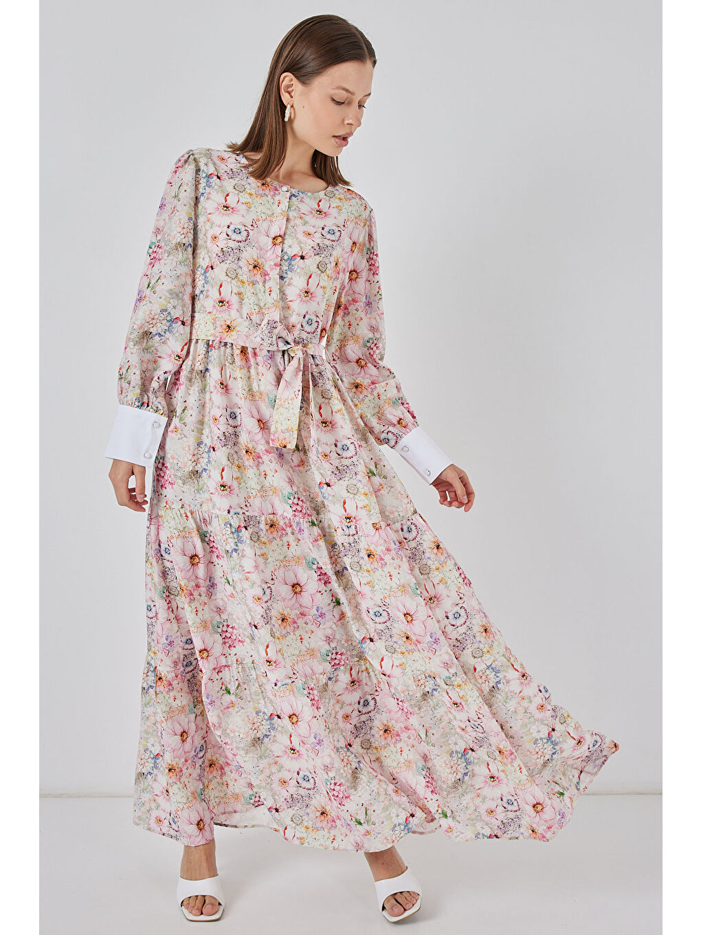 Kadın Kuşaklı Uzun Elbise 2584 - Pembe-1