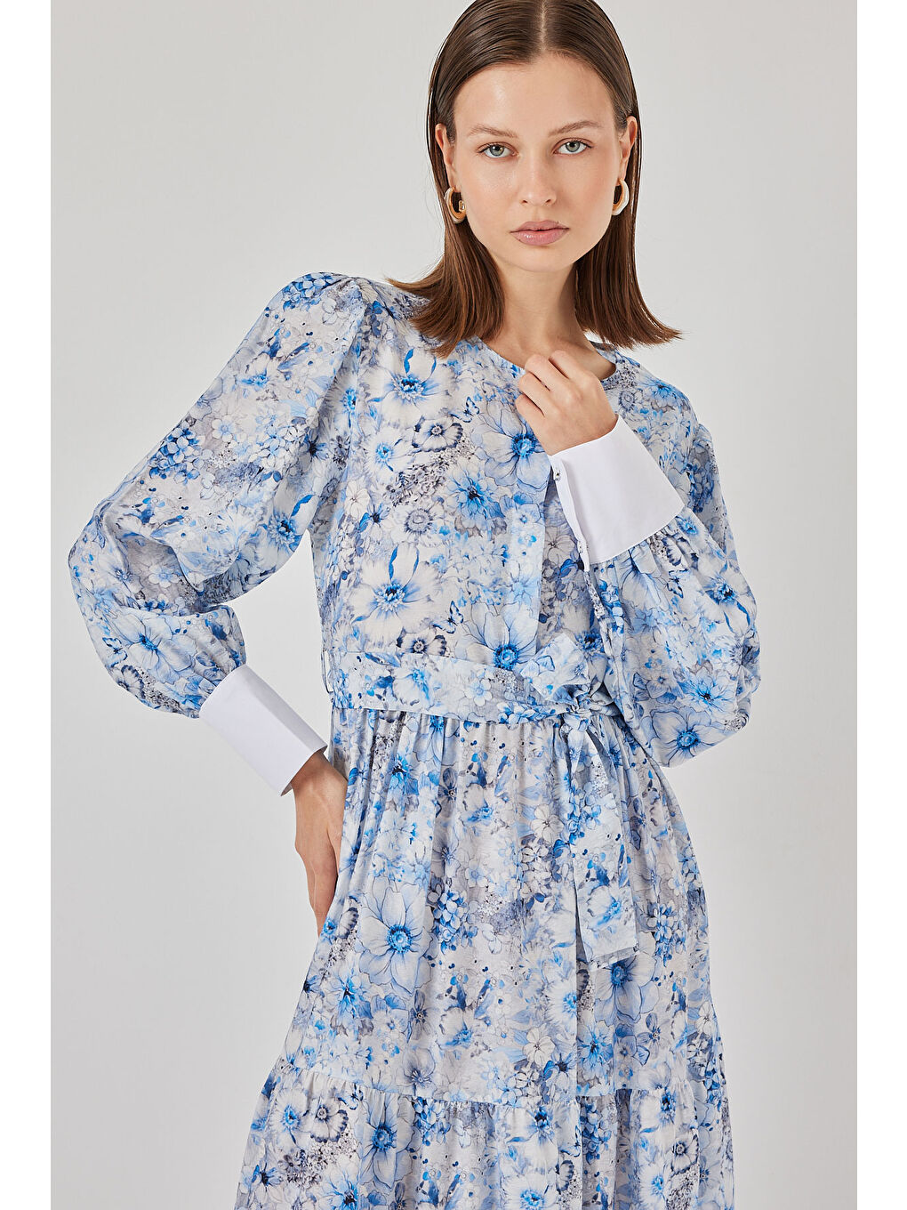 Kadın Kuşaklı Uzun Elbise 2584 - Mavi-2