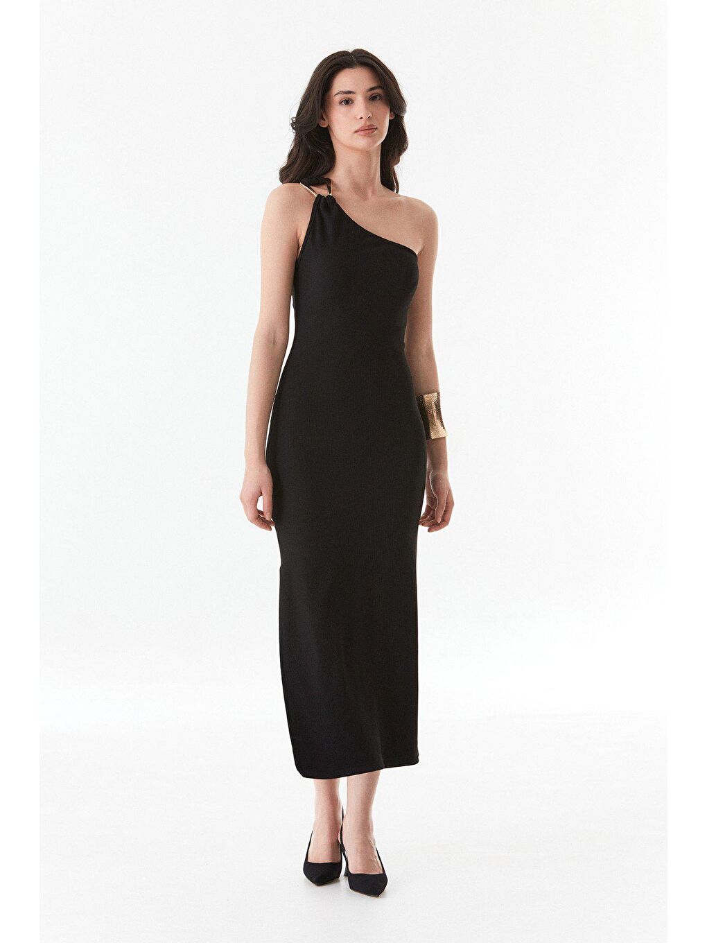 Siyah Fitilli Tek Omuz Yırtmaçlı Elbise-2